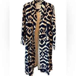 Anthropologie Linen Long Duster Jacket Blue White Ikat Geometric Small Spring